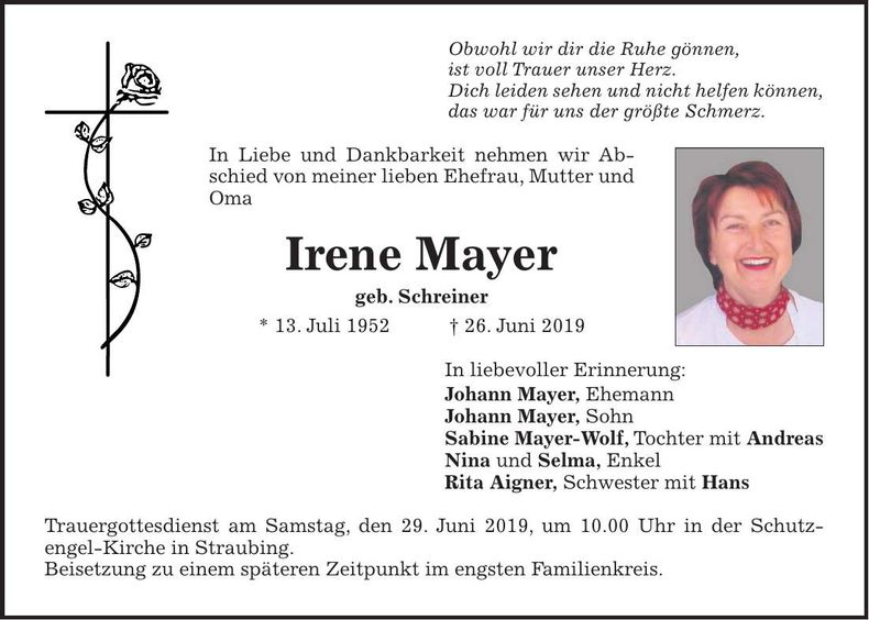 Traueranzeige Irene Mayer