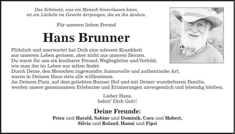 Traueranzeige Hans Brunner