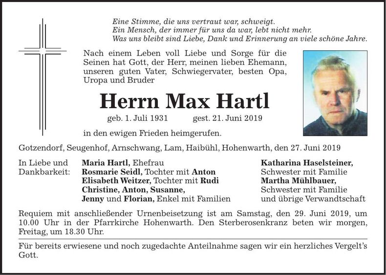 Traueranzeige Max Hartl