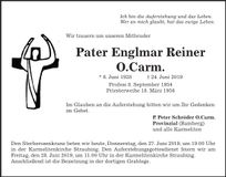 Traueranzeige Pater Englmar O. Carm Reiner