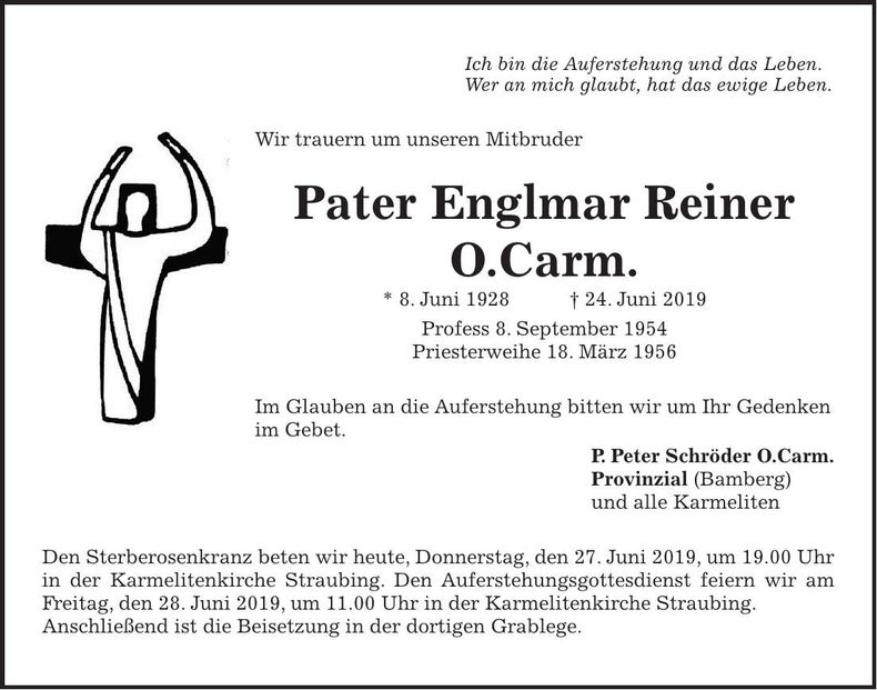 Traueranzeige Pater Englmar O. Carm Reiner