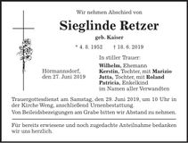 Traueranzeige Sieglinde Retzer