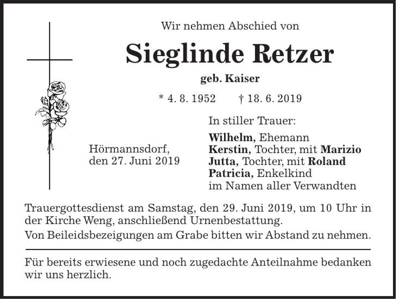 Traueranzeige Sieglinde Retzer