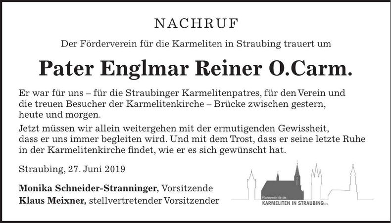 Traueranzeige Englmar Rainer O. Carm Pater