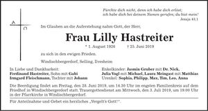 Traueranzeige Lilly Hastreiter