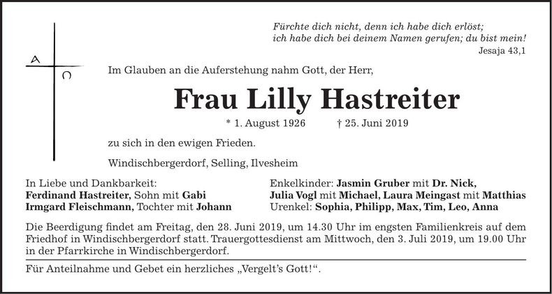 Traueranzeige Lilly Hastreiter