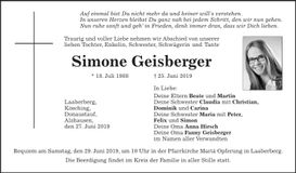 Traueranzeige Simone Geisberger
