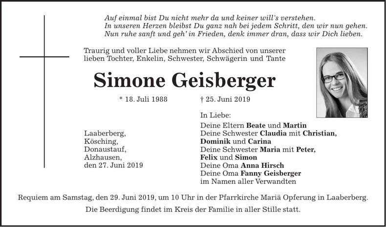 Traueranzeige Simone Geisberger