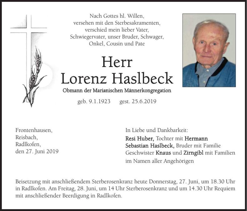 Traueranzeige Lorenz Haslbeck