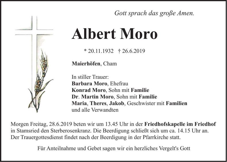 Traueranzeige Albert Moro