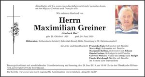 Traueranzeige Maximilian Greiner