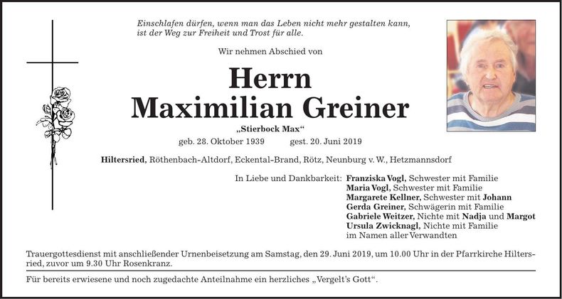 Traueranzeige Maximilian Greiner