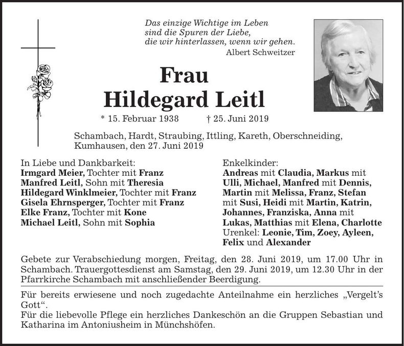 Traueranzeige Hildegard Leitl