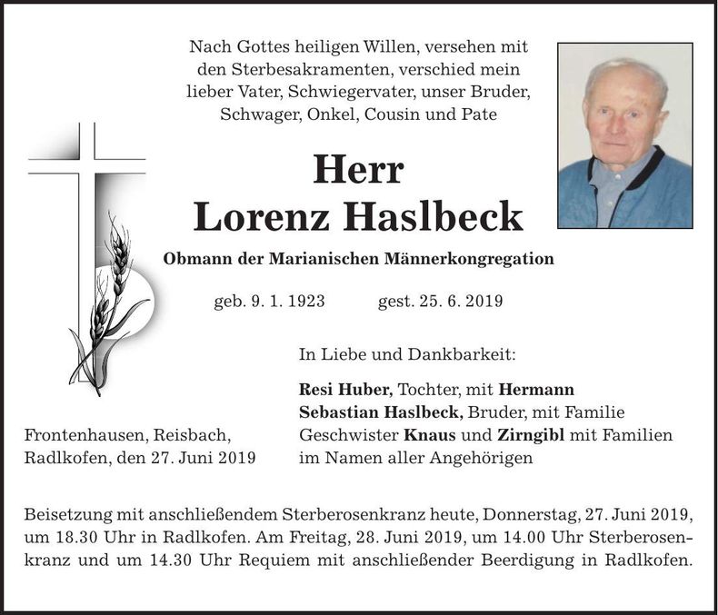 Traueranzeige Lorenz Haslbeck