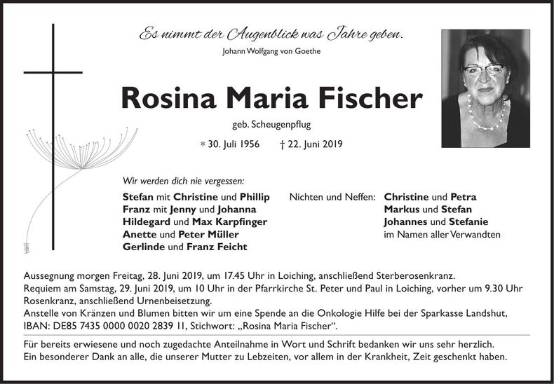 Traueranzeige Rosina Maria Fischer