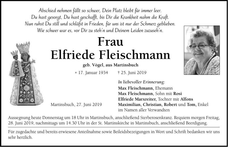 Traueranzeige Elfriede Fleischmann