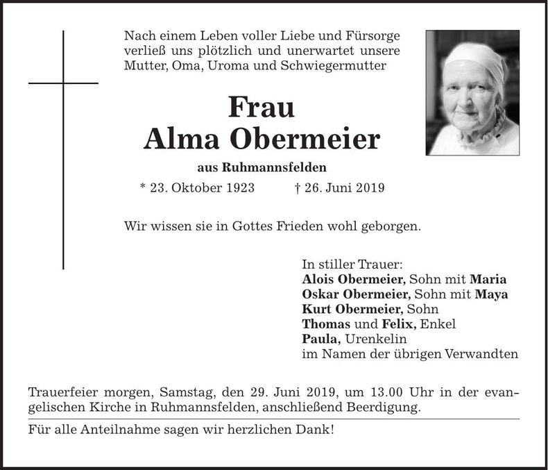 Traueranzeige Obermeier Alma