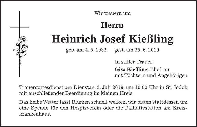 Traueranzeige Heinrich Josef Kießling