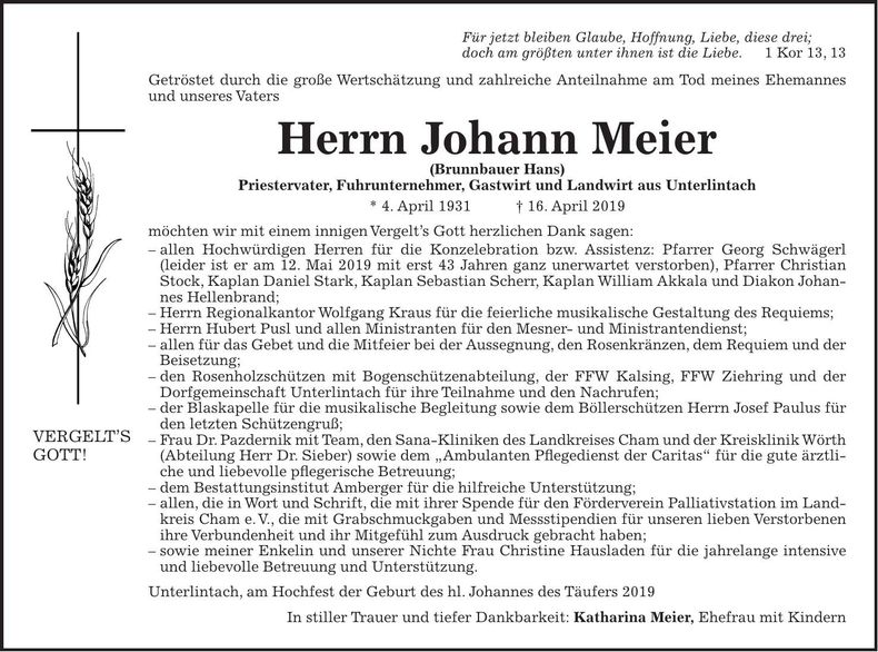 Traueranzeige Johann Meier