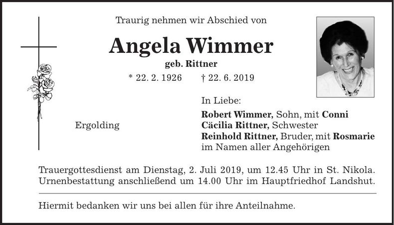 Traueranzeige Angela Wimmer