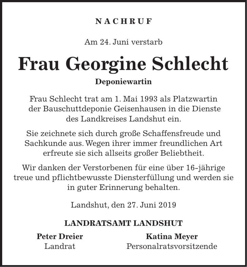 Traueranzeige Georgine Schlecht
