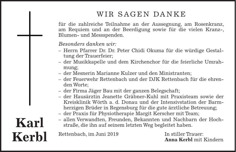 Traueranzeige Karl Kerbl