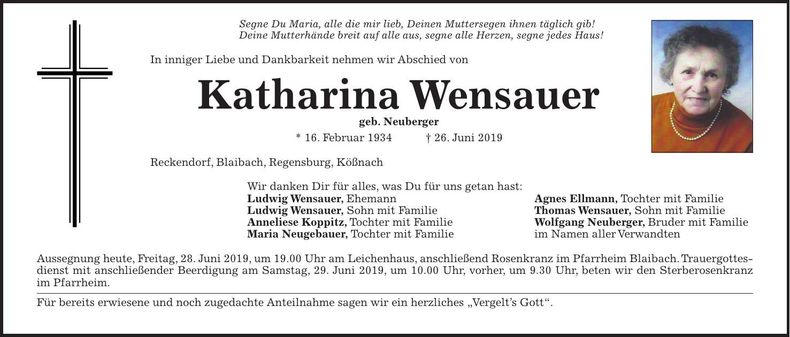 Traueranzeige Katharina Wensauer