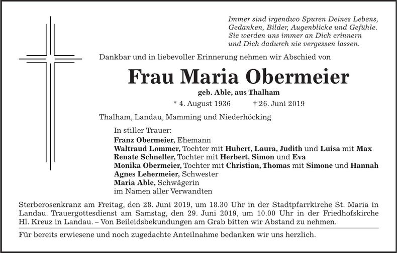 Traueranzeige Maria Obermeier