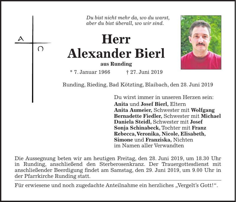 Traueranzeige Alexander Bierl