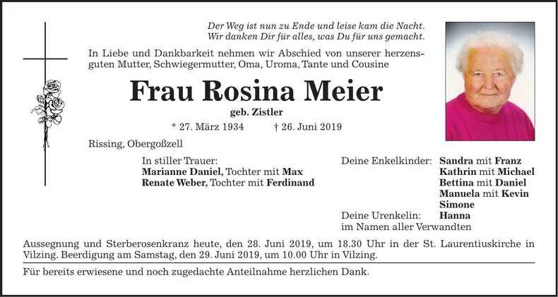 Traueranzeige Rosina Meier