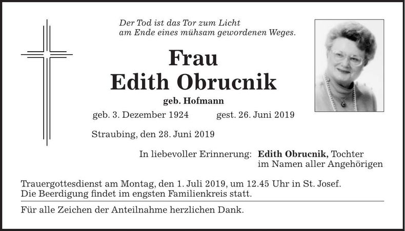 Traueranzeige Edith Obrucnik