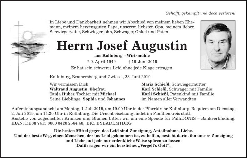 Traueranzeige Josef Augustin