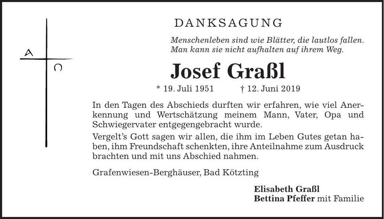 Traueranzeige Josef Graßl