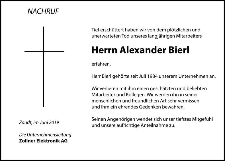 Traueranzeige Alexander Bierl
