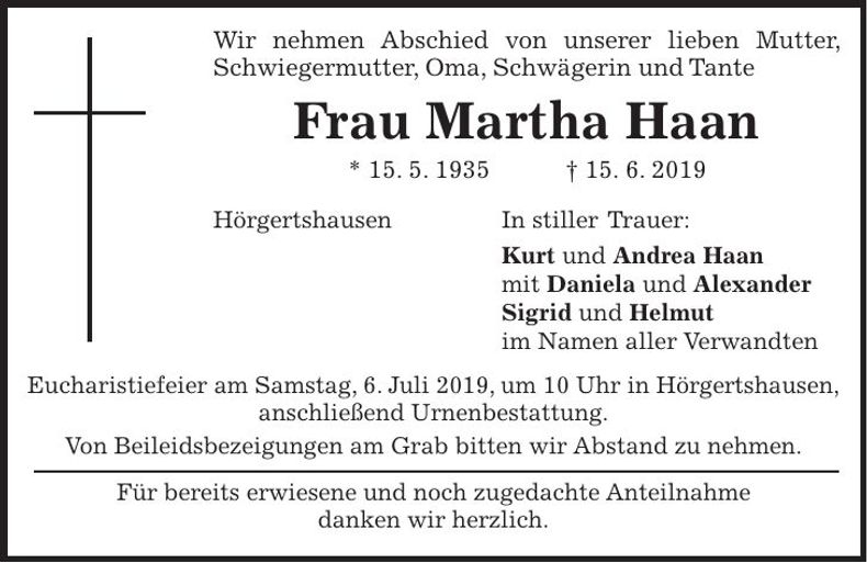 Traueranzeige Martha Haan
