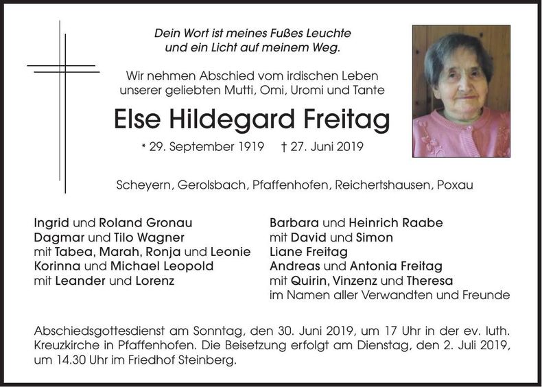 Traueranzeige Else Hildegard Freitag
