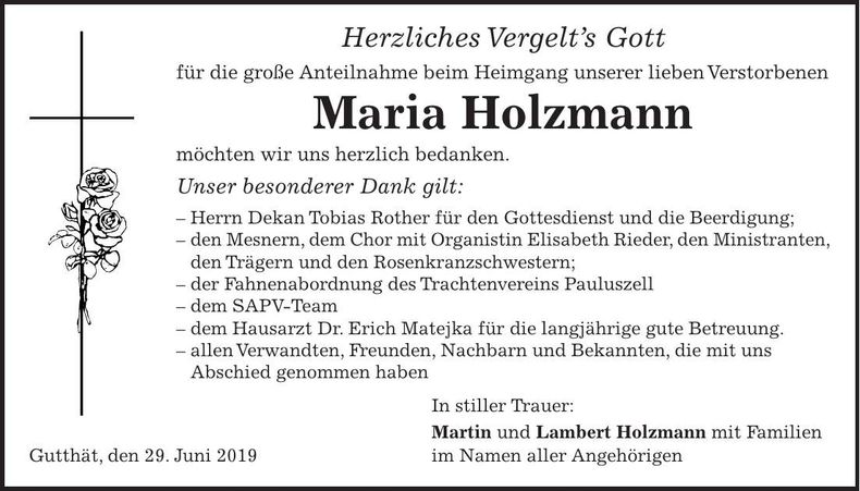 Traueranzeige Maria Holzmann