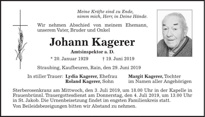 Traueranzeige Johann Kagerer