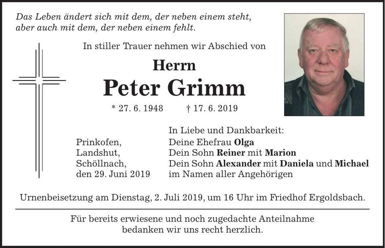 Traueranzeige Peter Grimm