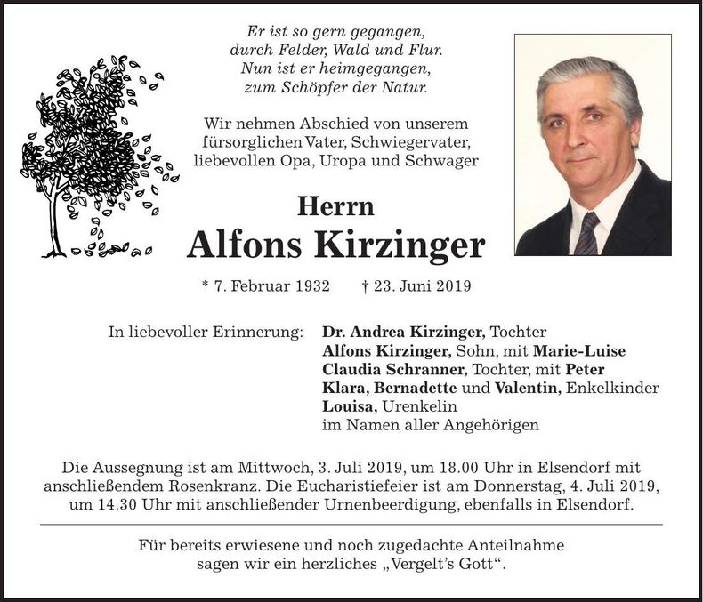 Traueranzeige Alfons Kirzinger