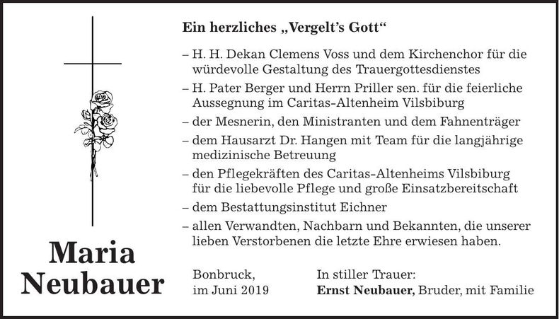 Traueranzeige Maria Neubauer