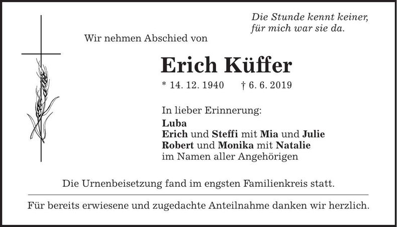 Traueranzeige Erich Küffer