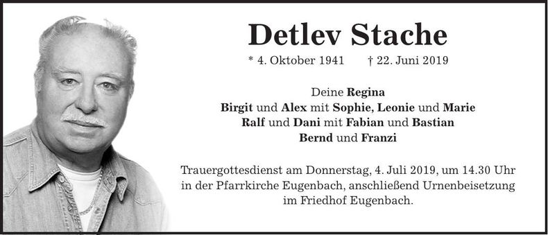 Traueranzeige Detlev Stache