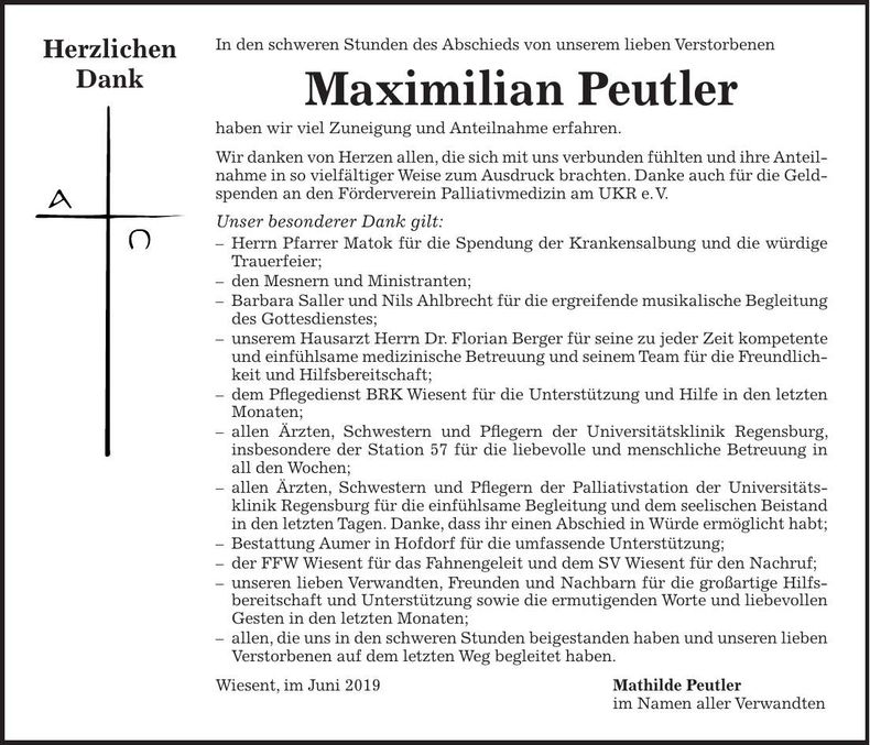 Traueranzeige Maximilian Peutler