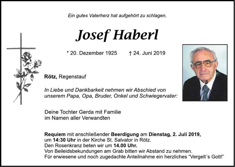 Traueranzeige Josef Haberl