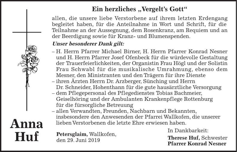 Traueranzeige Anna Huf