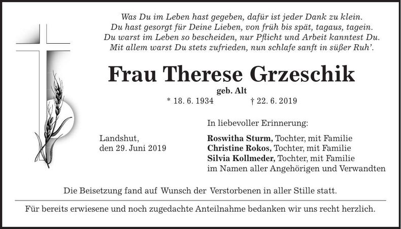 Traueranzeige Therese Grzeschik
