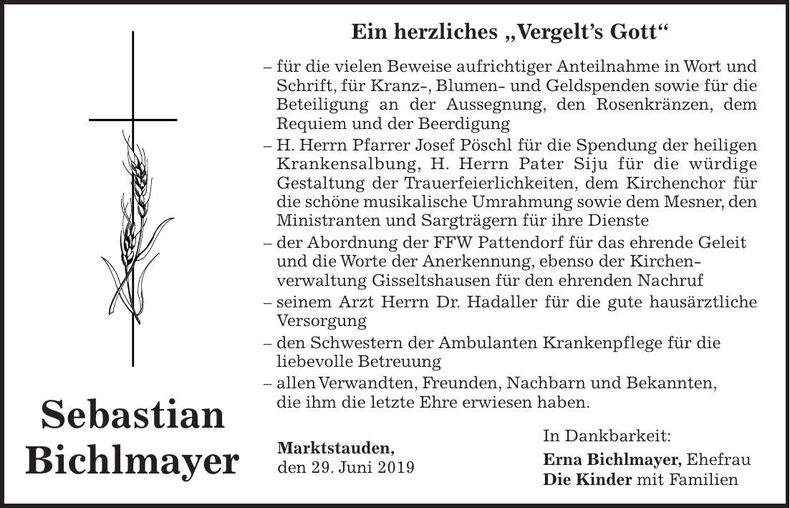 Traueranzeige Sebastian Bichlmayer