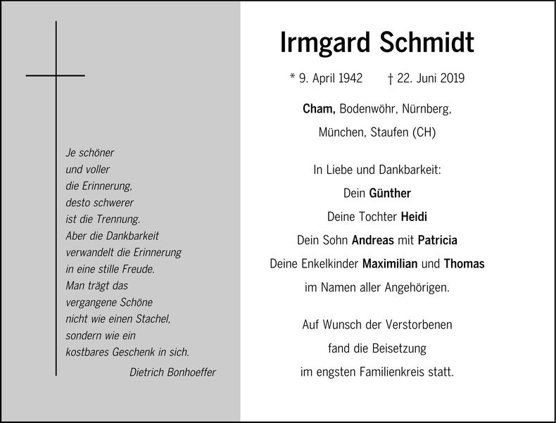Traueranzeige Irmgard Schmidt