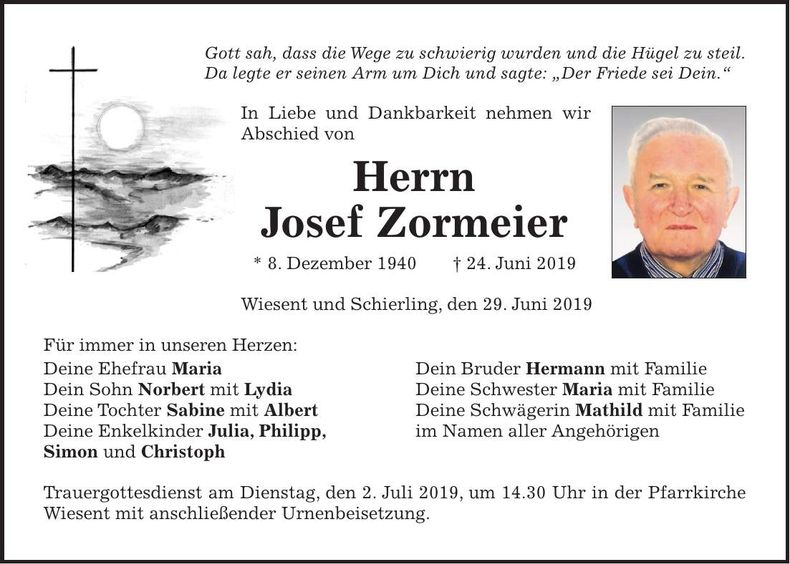 Traueranzeige Josef Zormeier